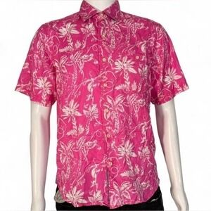 Tommy Bahama Tortola Mens Small Pink White Palm Tree Floral Silk Blend Shirt
